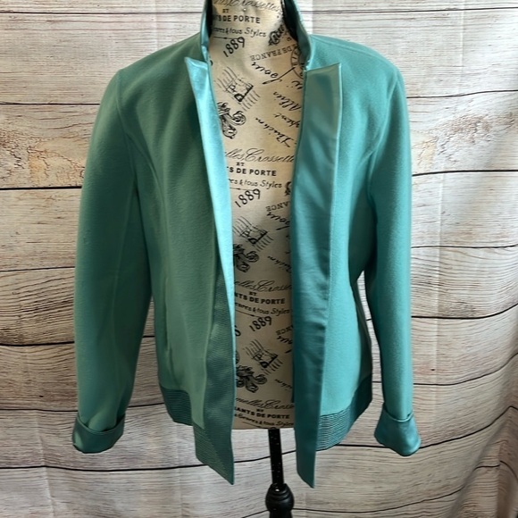 Linda Allard Ellen Tracy Blazer Wool Silk Trim Size 8 Teal Pockets - Picture 4 of 11